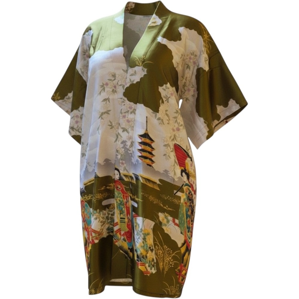 Singapore Silk Collection Geisha Pagoda Print Kaftan Tunic Green White OS Luxury